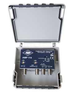 AMP114 Amplificador 3 entradas VHF+DAB 24dB, UHF 33dB, SAT mezcla 