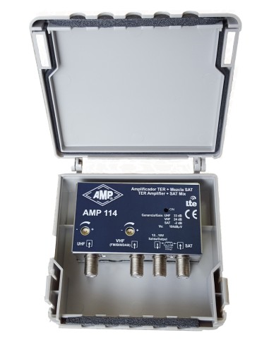 AMP114 Amplificador 3 entradas VHF+DAB 24dB, UHF 33dB, SAT mezcla 