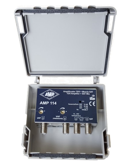 AMP114 Amplificador 3 entradas VHF+DAB 24dB, UHF 33dB, SAT mezcla 