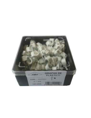 AMP693 Grapa blanca abierta clavo acero N6 (Caja plástica 100 ud)