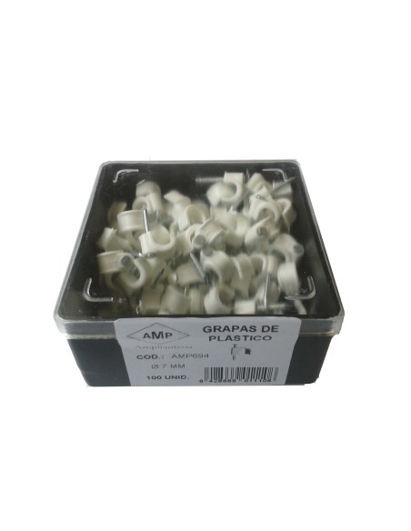 AMP694 Grapa blanca abierta clavo acero N7 (Caja plástica 100 ud)