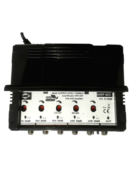 AMP403 Central blindada cubierta ABS 5 Entradas/ 30dB (BI+FM/BIII+DAB/2 UHF) 118dBuV "LTE"